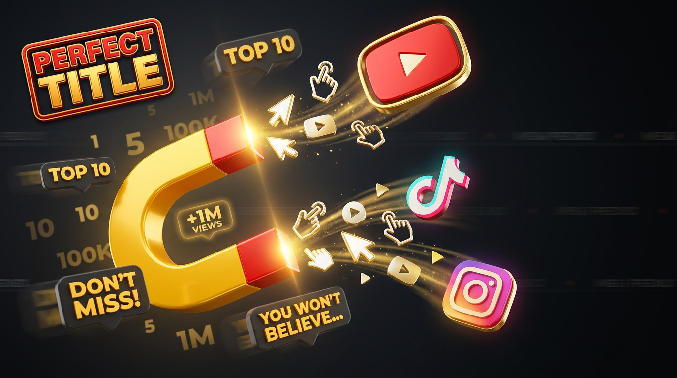 A glowing golden magnet pulling click cursors and YouTube, TikTok, Instagram icons toward it — perfect video titles header.