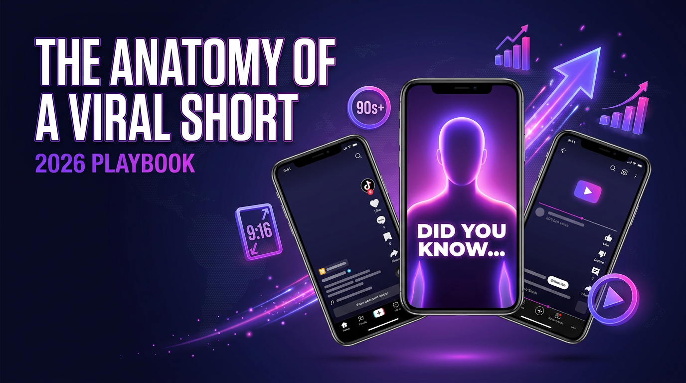A bold editorial graphic showing three vertical smartphones arranged on a deep indigo background. Each phone displays a short-form video interface representing TikTok, Instagram Reels, and YouTube Shorts. Surrounding the phones are glowing icons represent