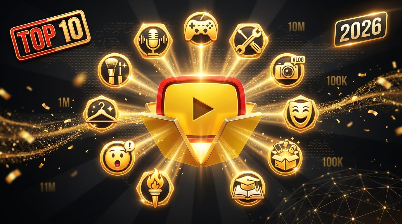 Best YouTube channel topics for 2026: glowing play button surrounded by 10 floating golden niche icons including gaming, tutorials, vlogs, reviews, and education.